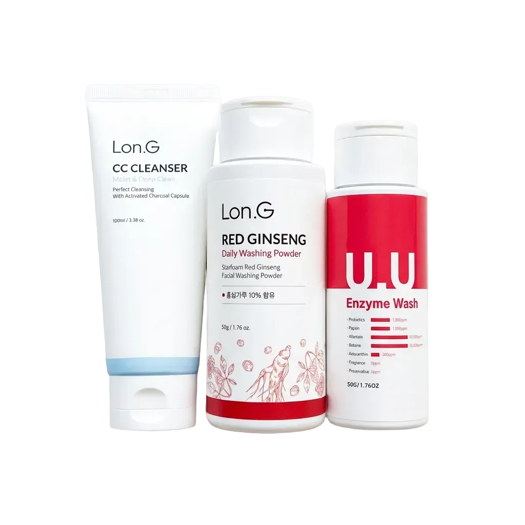 Lon.G reinigingsproducten trio: CC Cleanser, Red Ginseng Daily Washing Powder en U.U Enzyme Wash