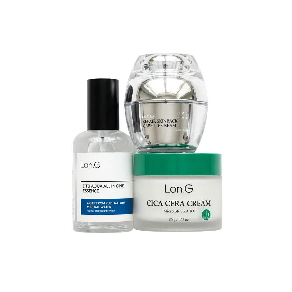 Lon.G huidverzorging collectie met DTB Aqua Essence, CICA CERA Cream en Repair Skinback Capsule Cream